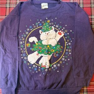 Vintage MBC Tultex Purple Cat Christmas Sweatshirt XL Made in USA